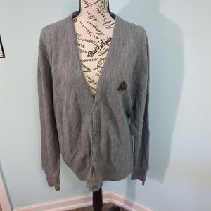 IZOD VINTAGE Cardigan Sweater Gray MADE IN USA LARGE Logo Grandpa Core